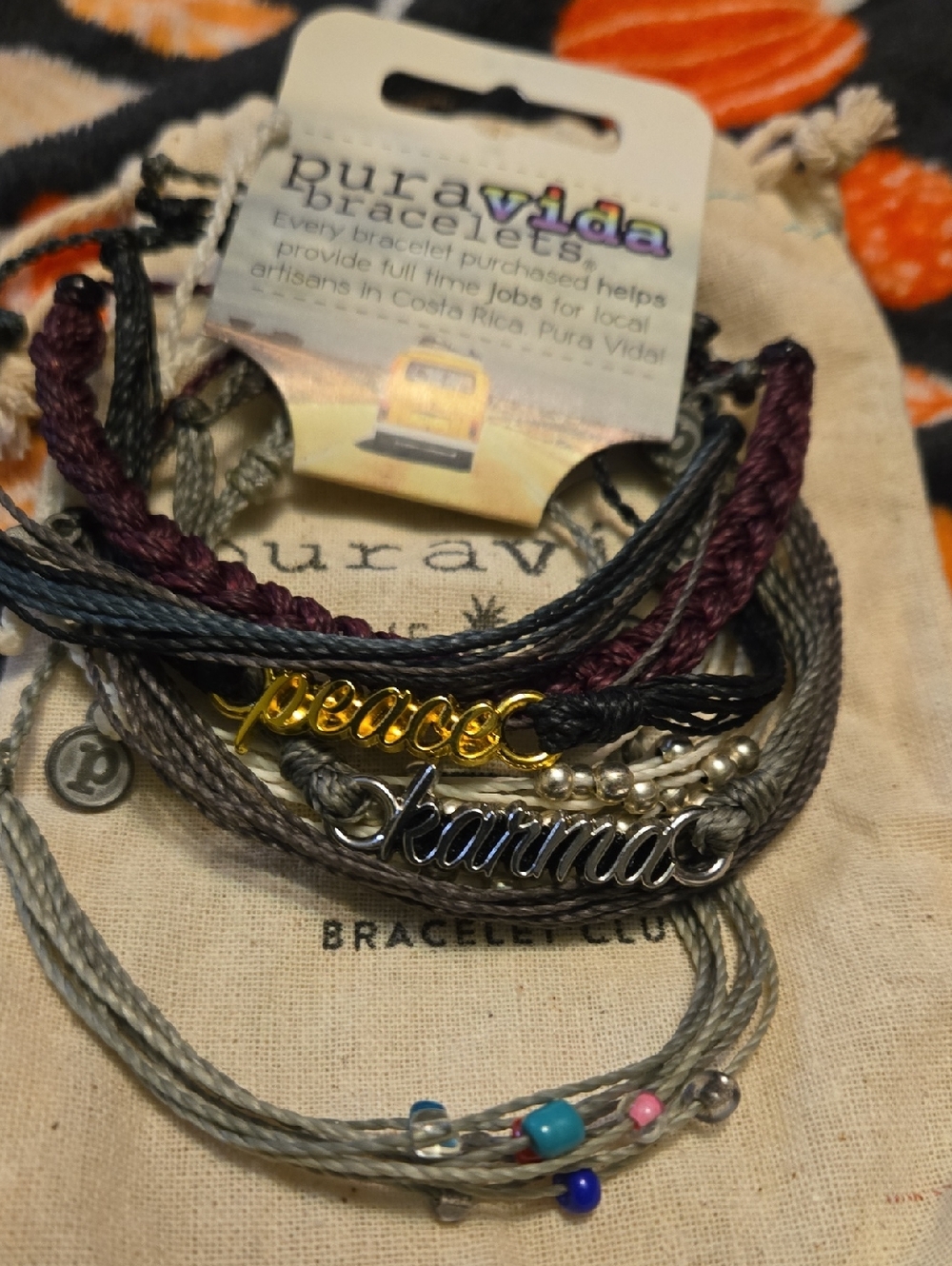 Pura Vida Peace & Karma Bracelet Stack - Gray, Black, Burgundy, Tan. Older Style